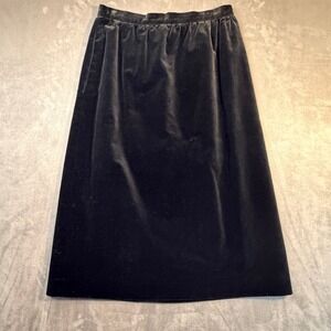 Kasper for ASL Vintage Black Cotton Velvet Midi Skirt Size 10 Gathered Waist 90s